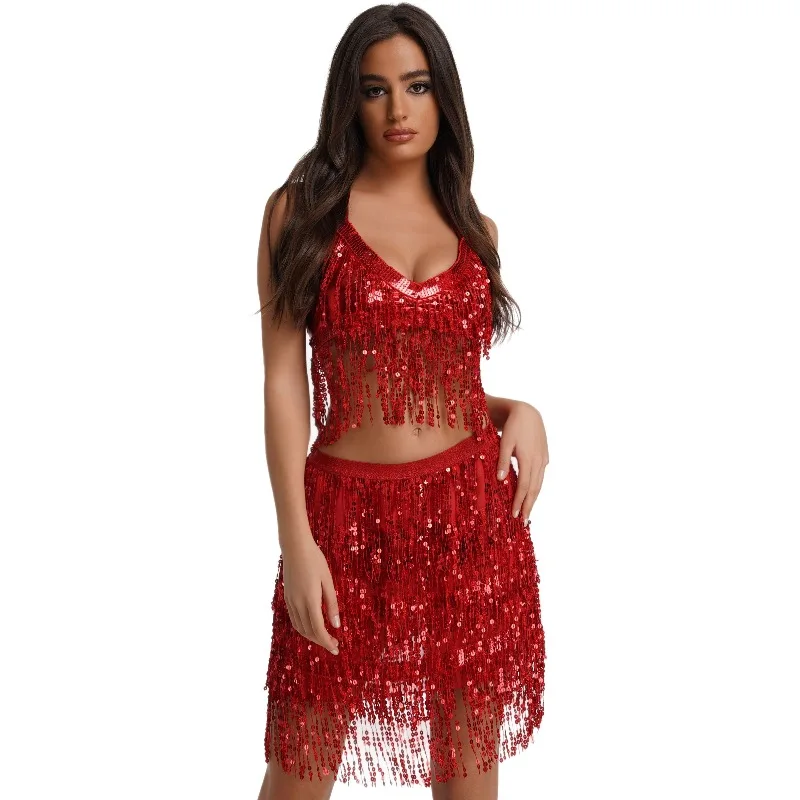 

Belly Dancing Performance Set Customized Tassel Bra Top Split Tassels Skirt Adult Women Oriental Dance wear Costumes Clothes