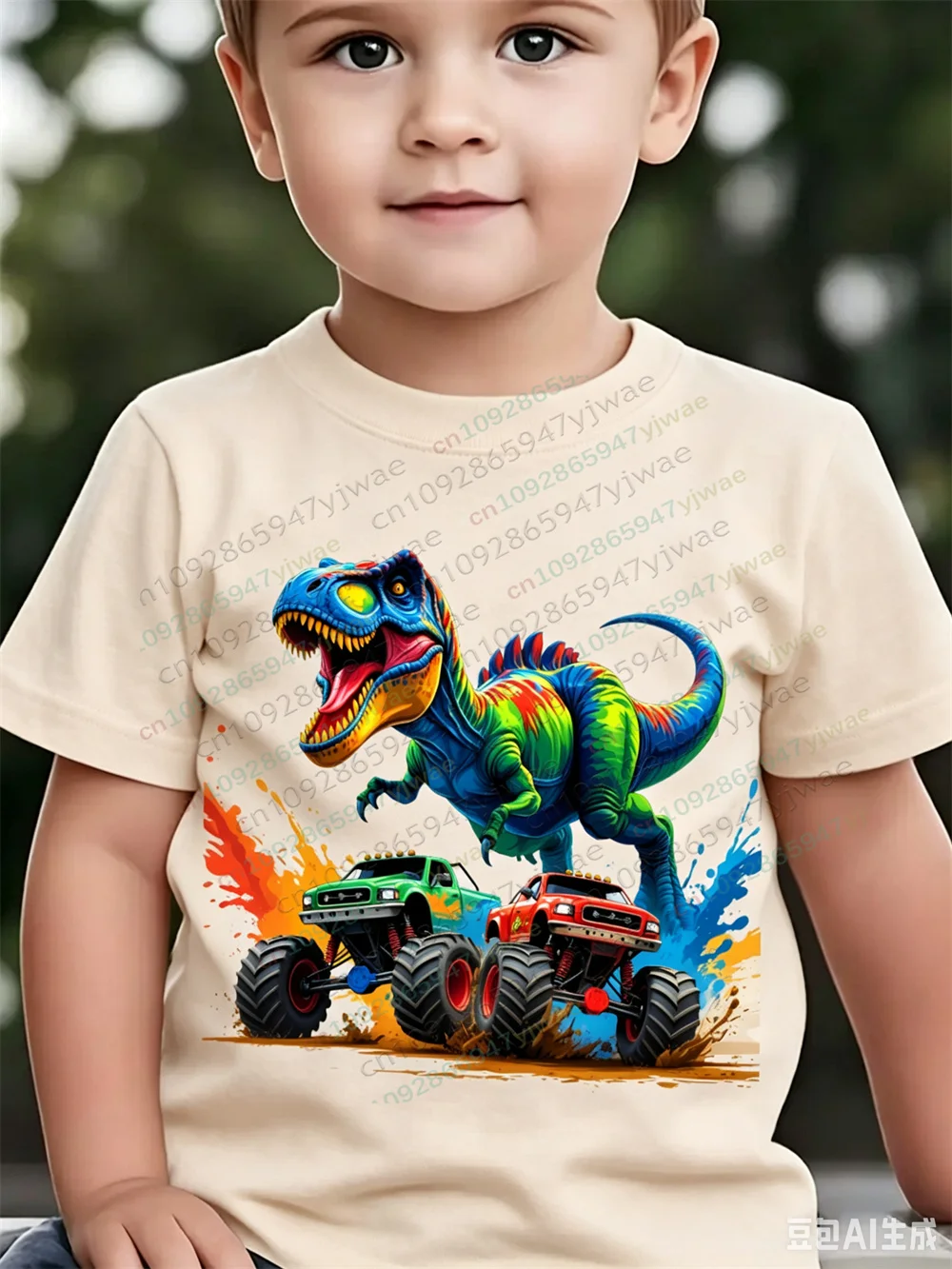 Sommermode für Jungen, kurzärmeliges Hemd, Jurassic Dinosaur Truck, grafisch bedrucktes, kurzärmeliges T-Shirt für Erwachsene und Kinder – Detail 5