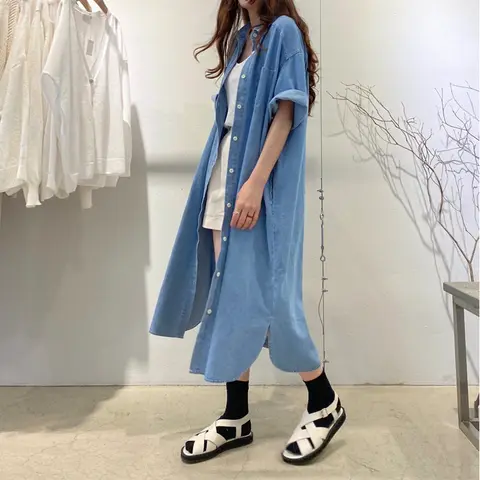 루즈핏 드레스 한국 스타일 루즈핏 루즈한 플레어 숙녀 스타일 여성스러운 데님 청바지 롤업 헐렁한 느긋한 스타일 빈티지 슬림핏 긴 소매 드레스 원피스 드레스