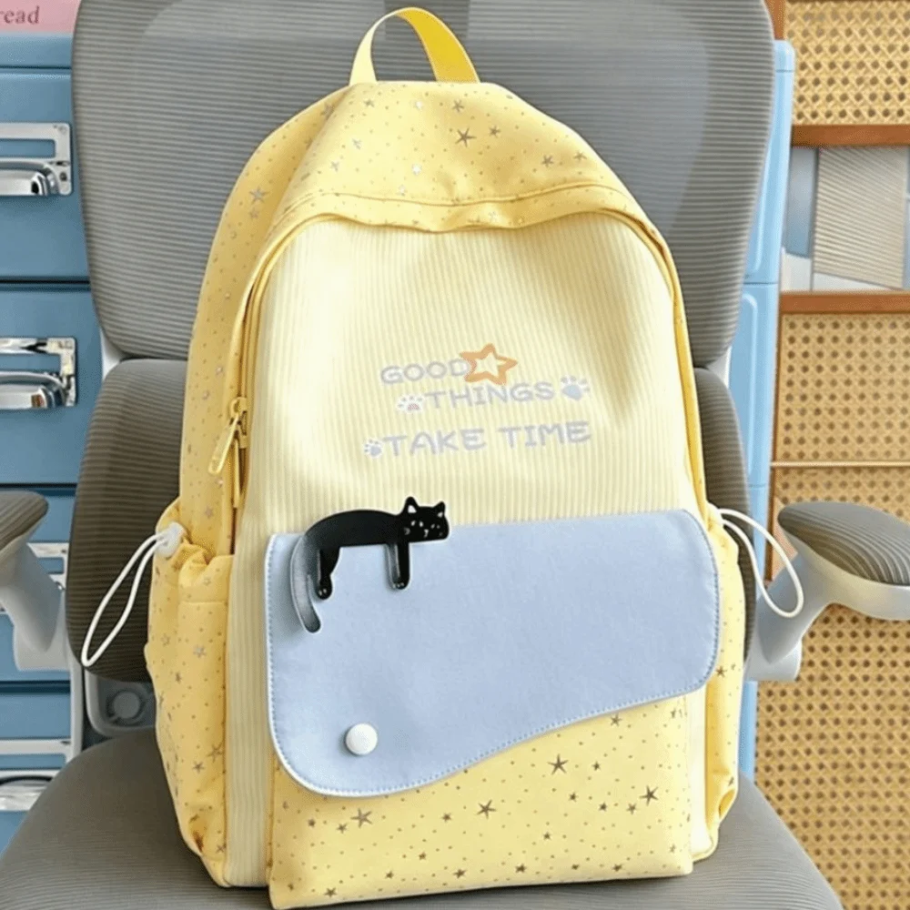 Cute Sweet Cat Star Backpack Multicolored Printed Nylon Rucksack Lightweight Durable Student School Bag Outdoor Use