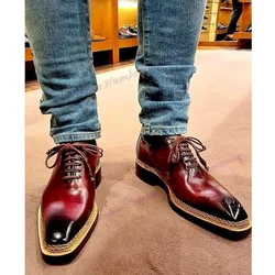 Mixed Color Cross Tied Men's Loafers Chunky Heels Business Casual Derby Shoes Handmade Luxury Runway Dress Shoes 2023 New Style