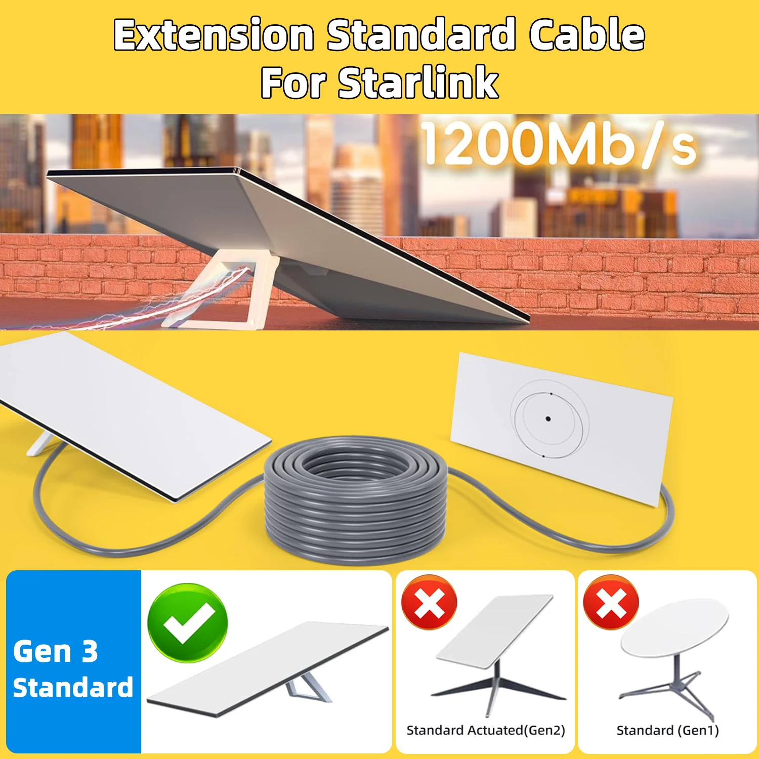 Starlink Gen 3 Cable Satellite Replacement Standard V3 Cable for Starlink Rectangular Satellite Extension Cable Starlink Gen3