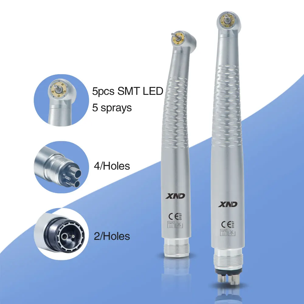 XND Dental High Speed Handpiece with 5 LED Light 5 Water Spray Shadowless Air Turbine Push Button Dental Drilling Tool