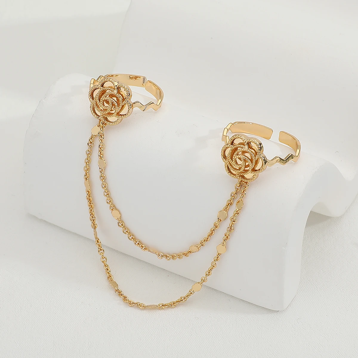 New Fashion Creative Two Finger Rings Link Chain Connected Gold Plated Copper For Woman Female Party Jewelry Gift Accessories