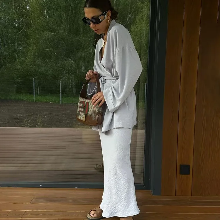 

Свободный повседневный комплект из топа и юбки на шнуровке с высокой талией длиной миди, однотонный женский комплект Faion, осенний сезон, взрослый размер