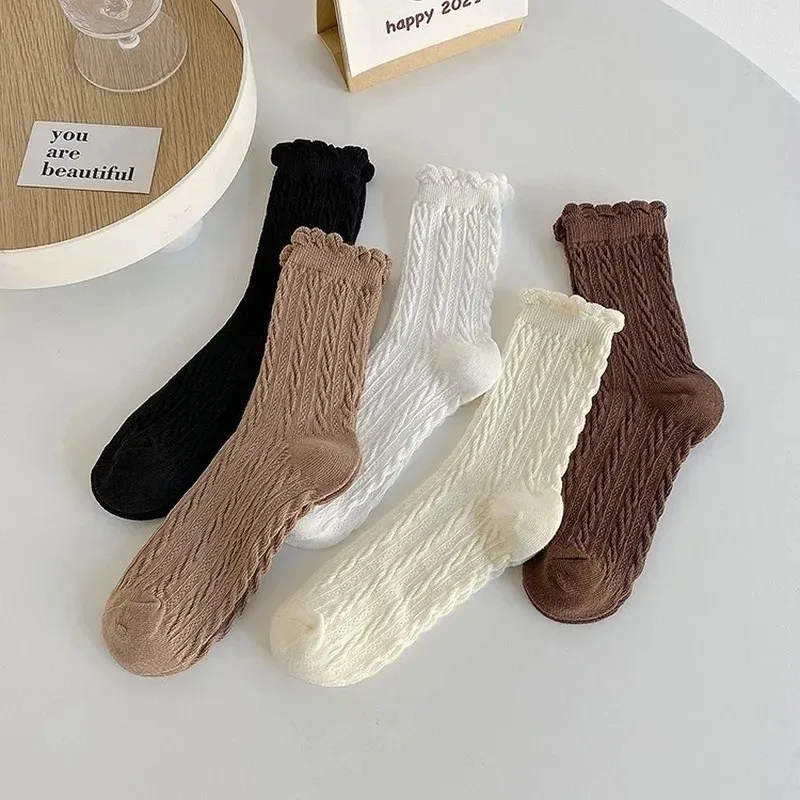 2 Pair Spring Autumn JK Socks Cute White Socks Women Japan Style Lace Frilly Ruffle Sock Lolita Beige Kawaii Sock Harajuku