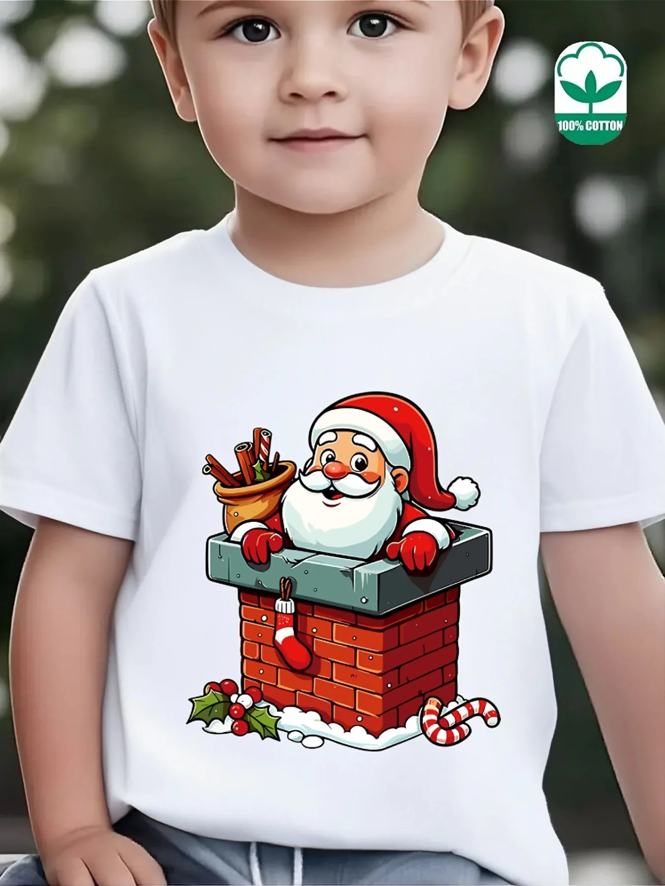 Cute Santa Claus In Chimney Christmas Print Family Matching T Shirt Boys Girls Short Sleeve Parent Child Soft Cotton Casual Tops