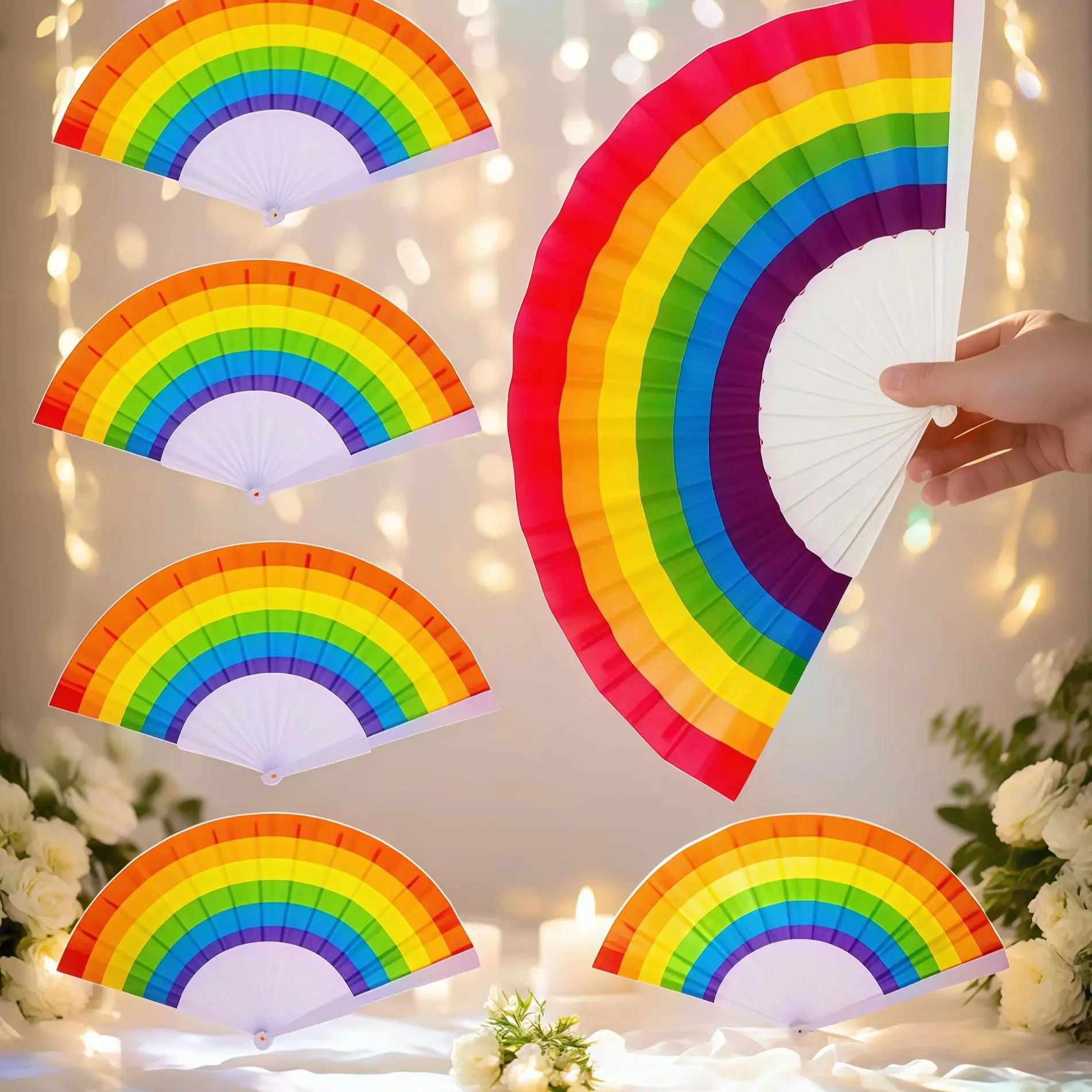 Abanico plegable de mano de arcoíris, decoración para fiesta de boda, suministros geniales de verano para hombres y mujeres, actividades festivas, 4/10/20/30 Uds.