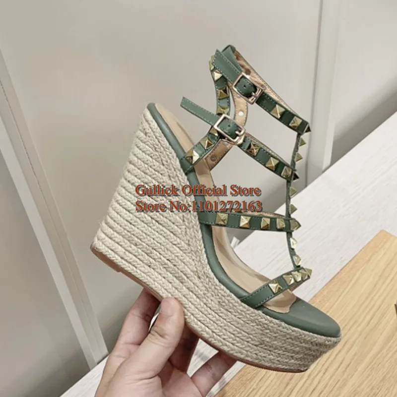 Modern Weave Braid Platform Wedge Sandals Open Toe Gold Studded T Bar Straps Women Summer Sandals Green Beige