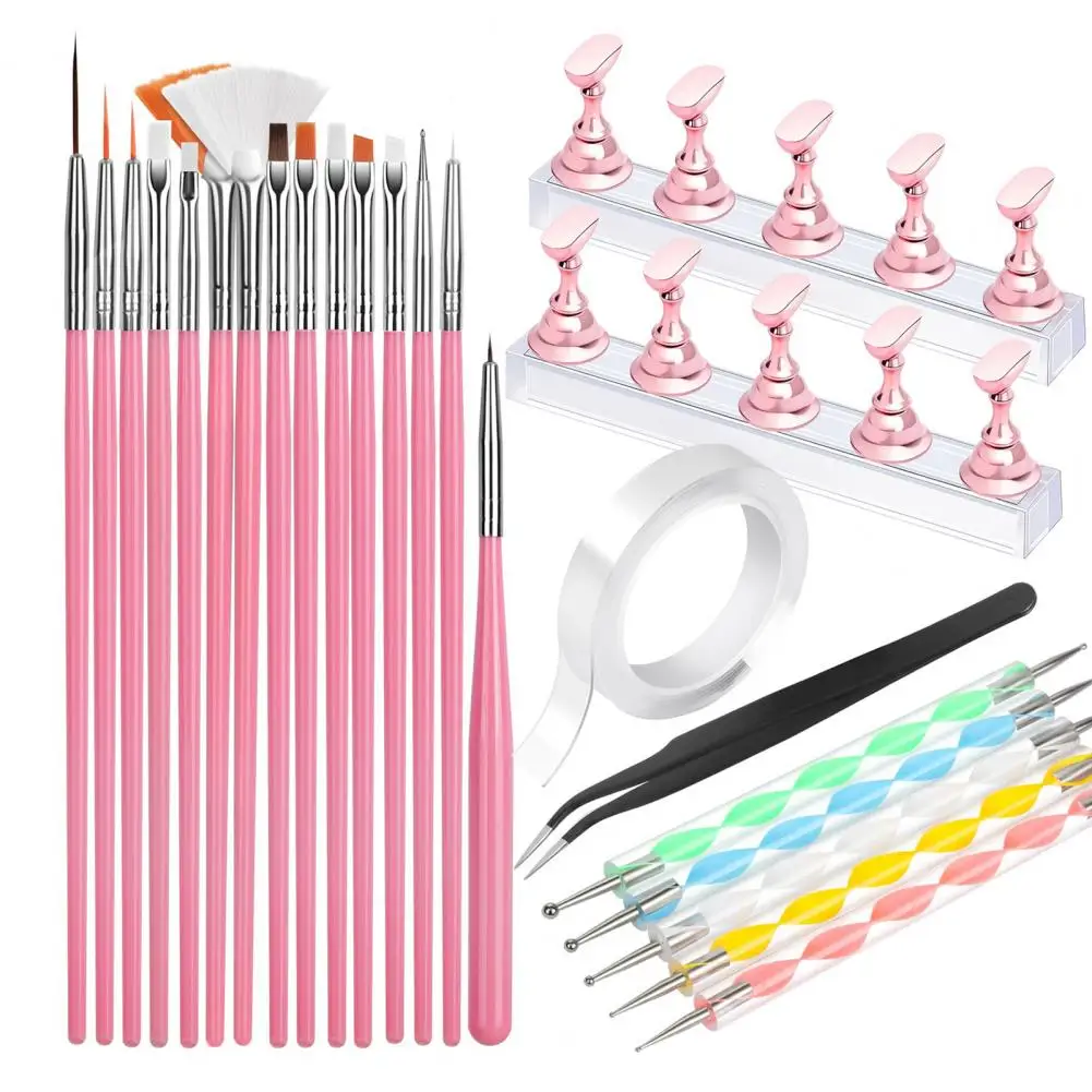 Fine Nylon Nail Brushes 23pcs Manicure Pen Set with Nail Stand Tweezers Double-sided Nail Tools 15pcs Art Brushes Dotting Tools
