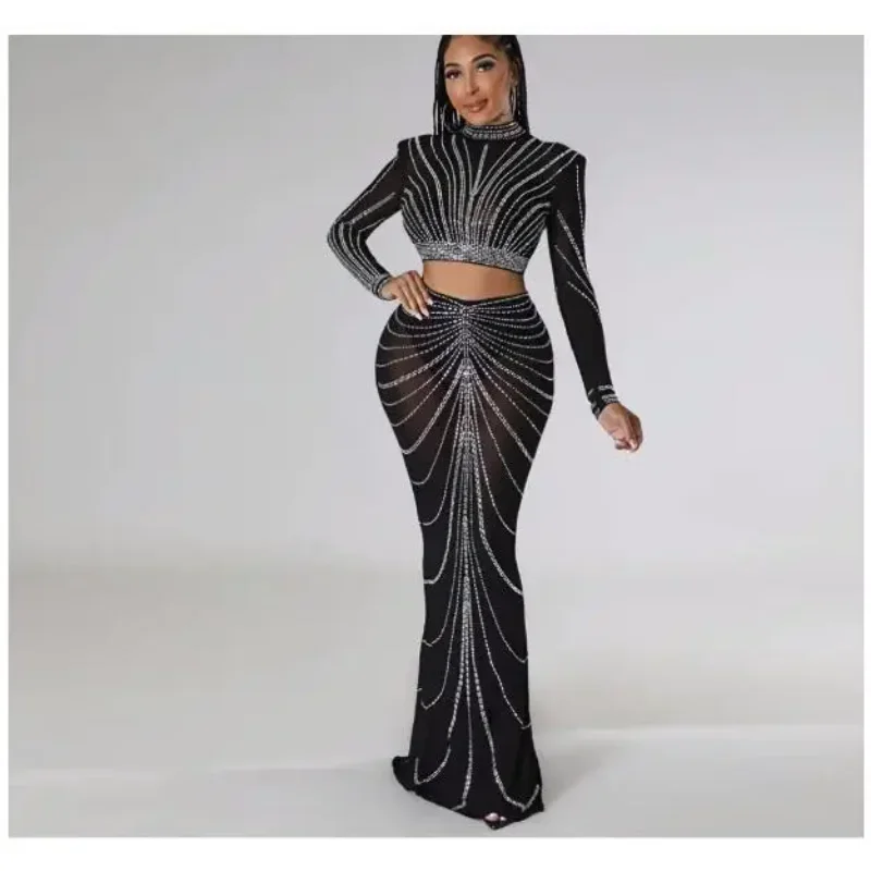 

Women's Sexy Mesh Rhinestone Dress, Long Sleeved, Mermaid High Waisted Long Skirt Set