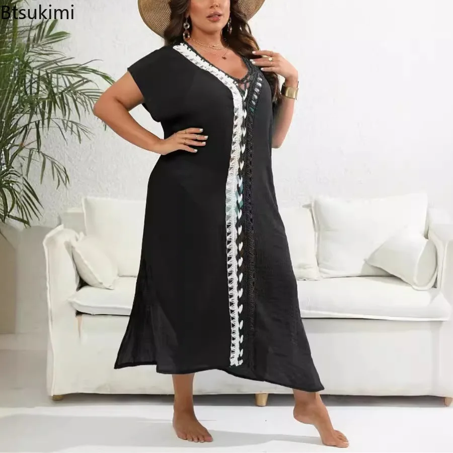 2025 Holiday Beachชุดผู้หญิงHand HookตัดกันสีSplicingลึกV SlitชุดHollowชุดว่ายน้ําสําหรับสตรี