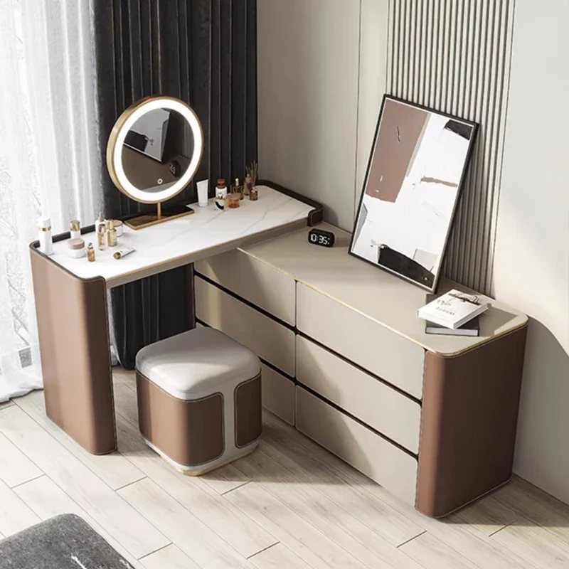

Modern bedroom lighted mirror dressing table can be extended to a corner vanity TV cabinet