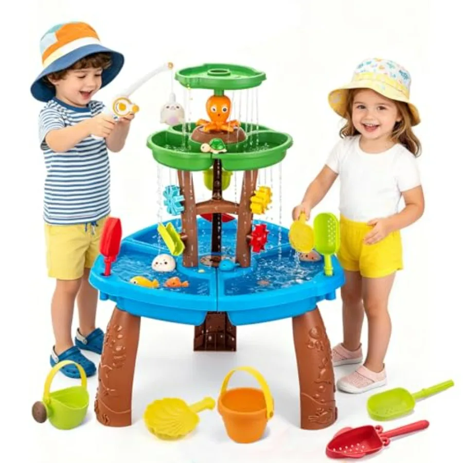 Outdoor water table toys for kids aged 3-8, plastic, blue, includes fishing game set and beach accessories for sensory play and