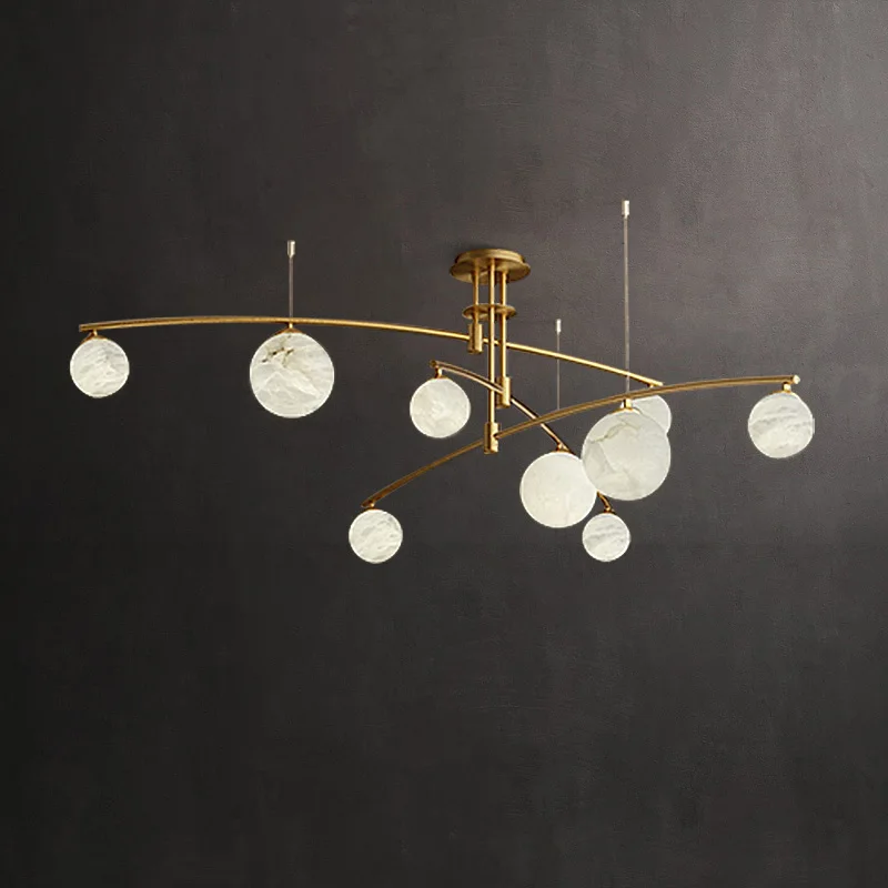 Modern Spanish Marble Chandelier with Globe Stone Shades Brass Black Finish Round Linear Dimmable Ceilings Lustre