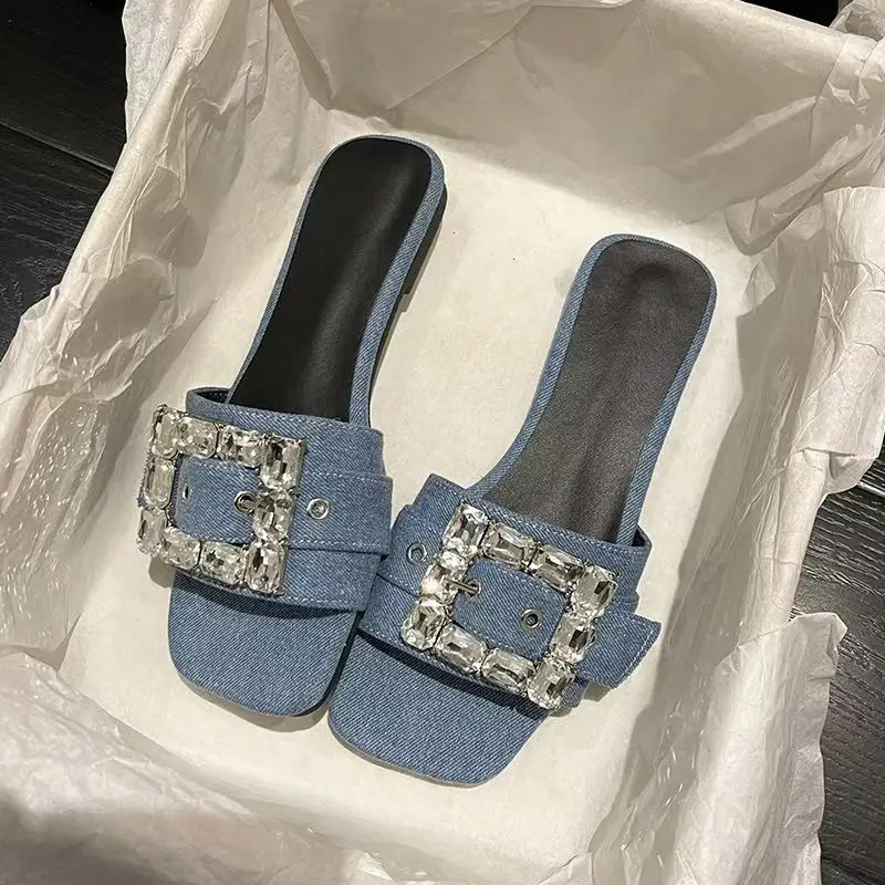 

2025 Summer Outdoor Crystal Square-toe Slippers - Stylish And Fashionable For Casual Shopping And Outdoor Activities