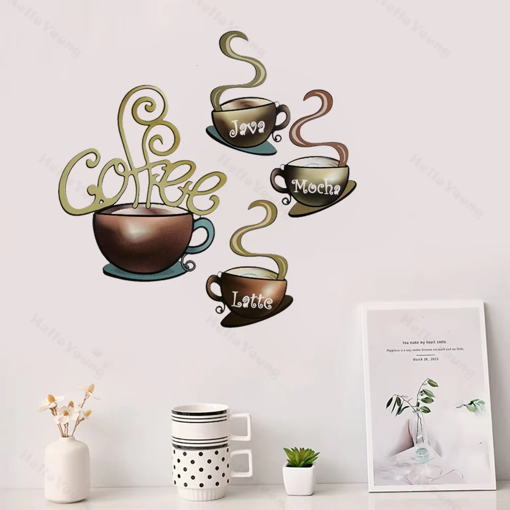 A Set of 4 Delightful Metal Coffee Mugs Wall Decor in Americana Style, with Reusable Self-Adhesive and Vintage Irregular Shape