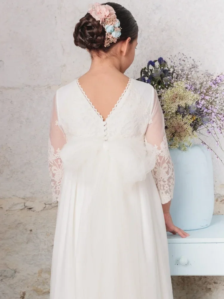 ホワイトサテンレースアップリケ弓付き 3/4 袖結婚式誕生日パーティー宴会プリンセスガウンフラワーガールドレス