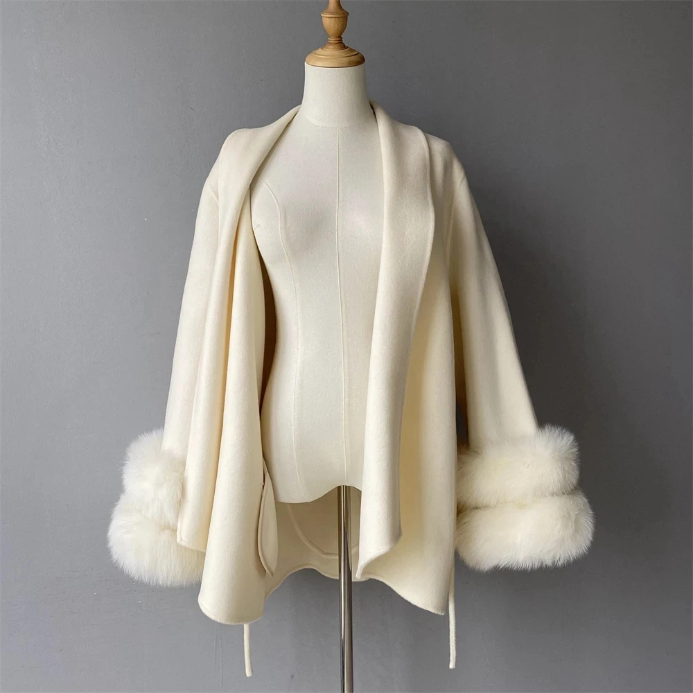 Jxwatcher Women's Wool Coats with Real Fur Cuffs Ladies Fall Fashion Wool & Blend Coats Elegant Winter Outerwear Female 2024 New