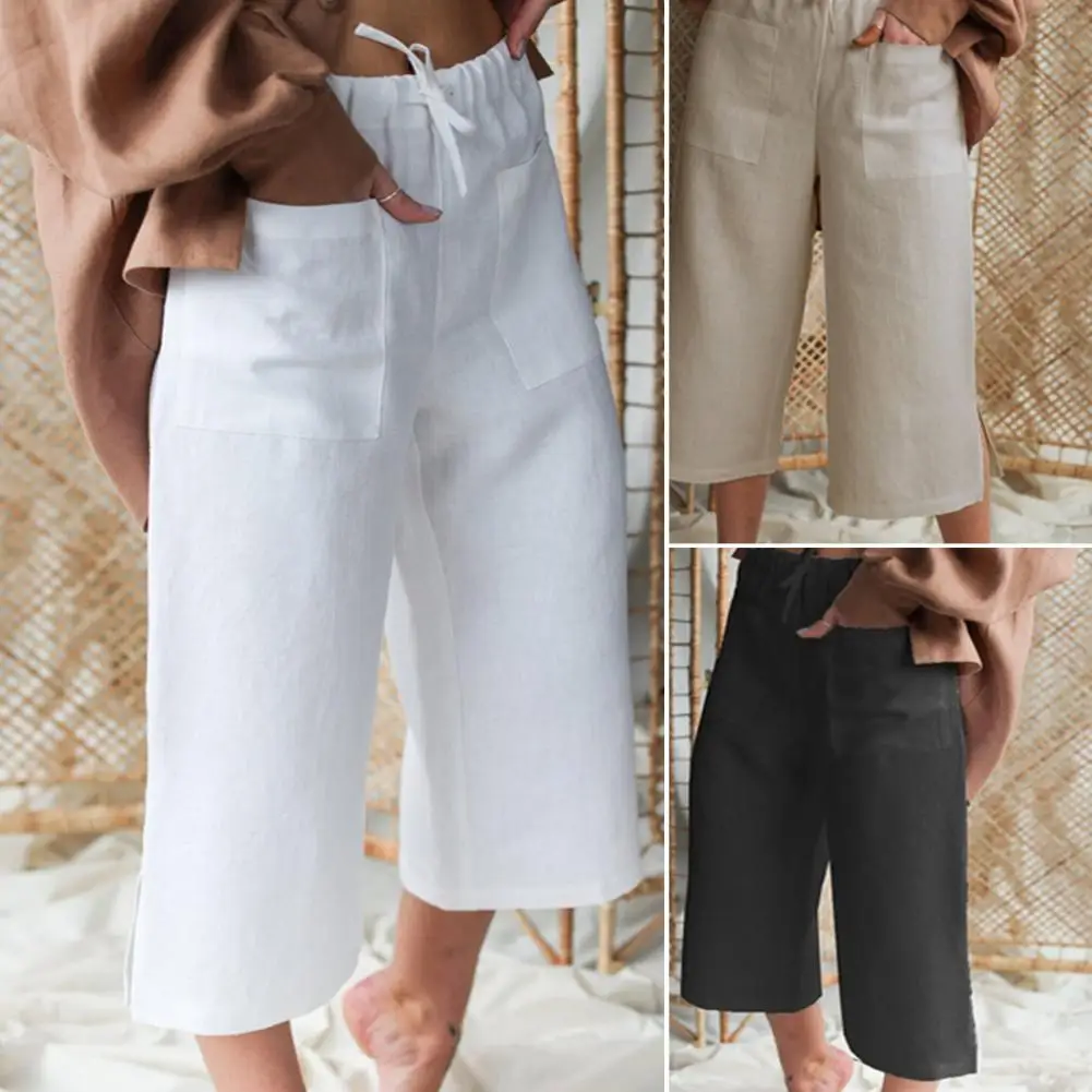 Pantalones acampanados de algodón para mujer, pantalón corto de cintura elástica holgado, con bolsillos grandes y cordones, estilo informal, 2023