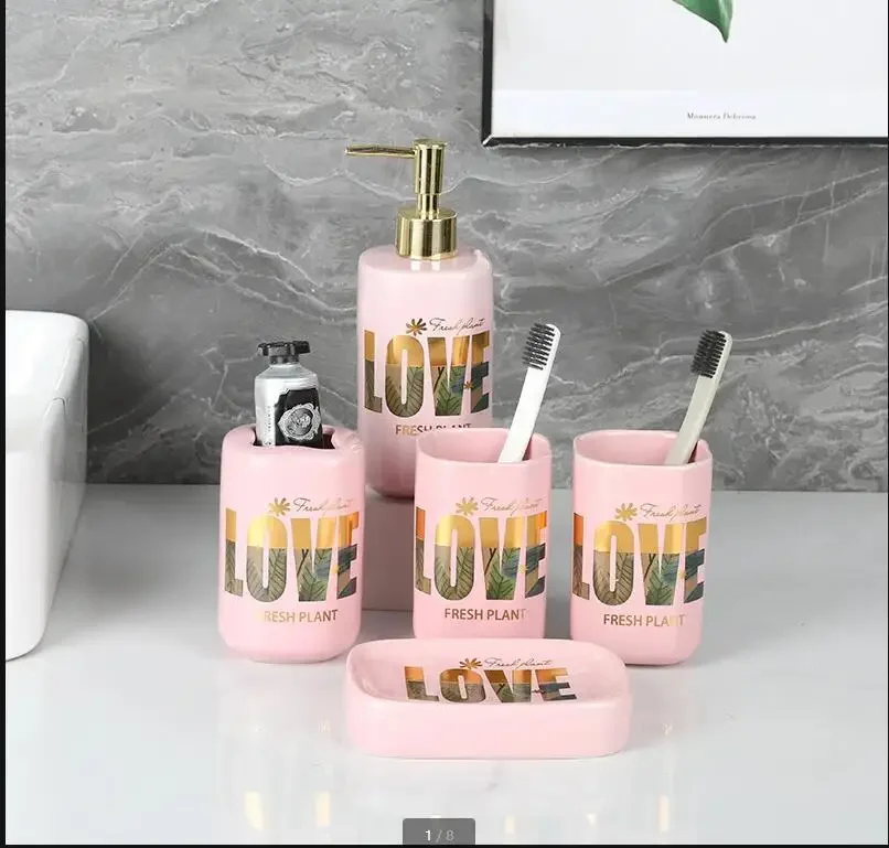 

Розовый керамический набор для мытья, аксессуары для ванной комнаты, домашний отель, дозатор мыла из пяти предметов, набор чашек для полоскания рта, держатель для зубной щетки, мыльница