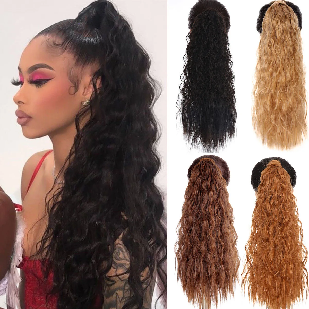 

PAGEUP Long Curly Ponytail Natural Hairpiece Headwear Brown Gray Synthetic Hair Wrap Around Ponytail Clip in Hair Extensions