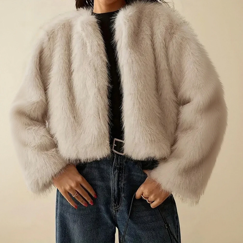 Winter Casual Long Hair Short Warm Cardigan Jacket Pure Color Versatile Warmth Women's Fashion Outerwear Eco-Friendly