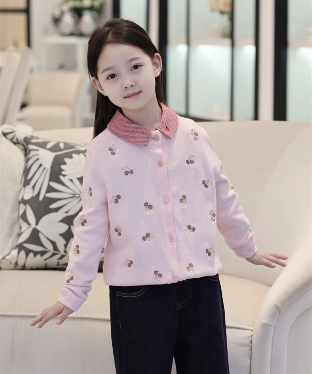 kids clothes girls Cherry pattern embroidery Sweet pink cardigan girls clothes spring baby knitted coat