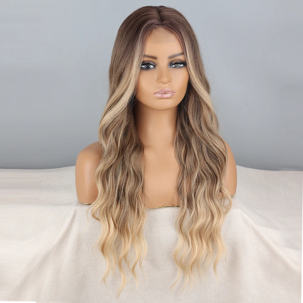 Long Wavy Synthetic Wig Ombre Golden Wigs for Women Middle Part Wig With Natural Heat Resistant Hair for Party Daily Use