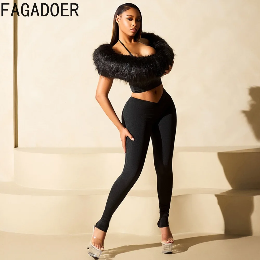 FAGADOER Sexy Pelz Patchwork Zwei Stück Outfits Frau Halfter Ärmelloses Backless Crop Top und Leggings Weibliche Streetwear Kleidung