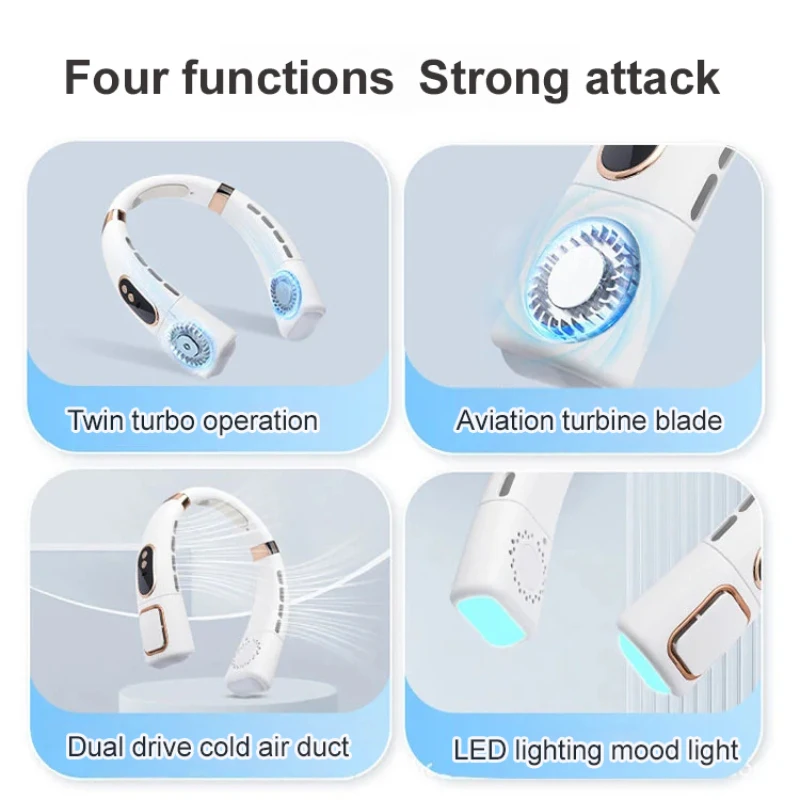 New portable neck fan LED digital display USB handheld mute small electric fan multifunction leafless mini cross-border 2024