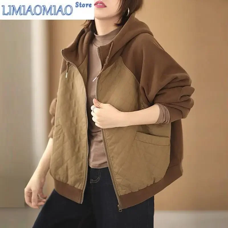 Spring Autumn Women Hooded Sweatershirt Short Cardigan Female Literature Art Casual Loose Diamond Plaid Panel Jacket Top