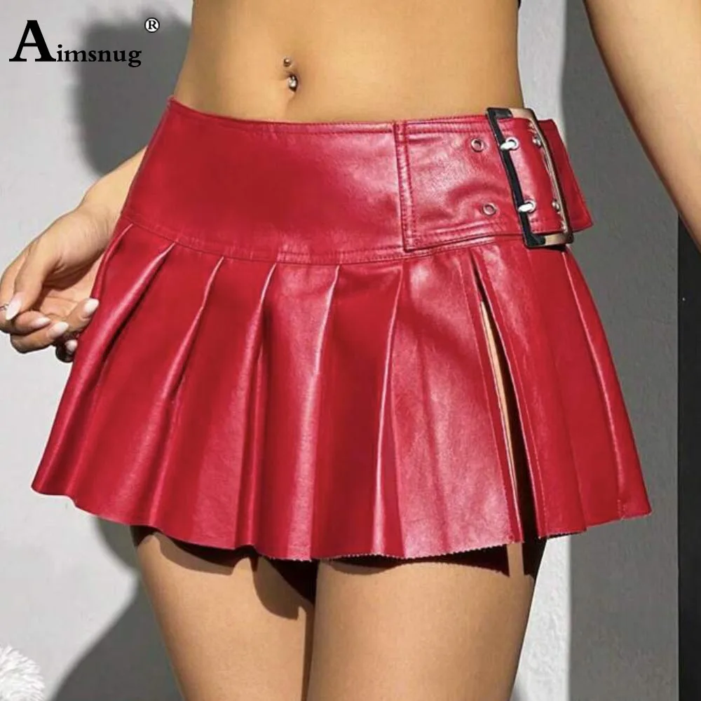 2025 Sexy Lace-up Pu Leather Skirts Women Mid Cut Pleated Shorts Red Soft Faux Leather Skirt Solid Erotica Dance Short Bottoms