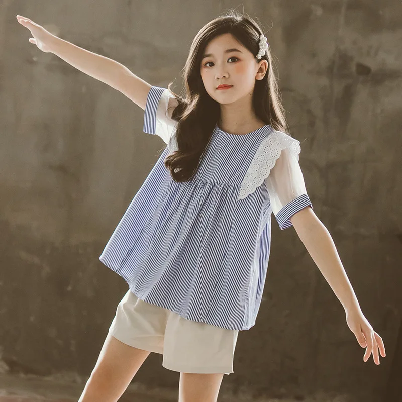 2022 summer Teens Girls Clothes Kids striped Ruffle lace mesh Top blouse t shirt + Leisure shorts Pants 6 7 9 10 11 12 14 Year