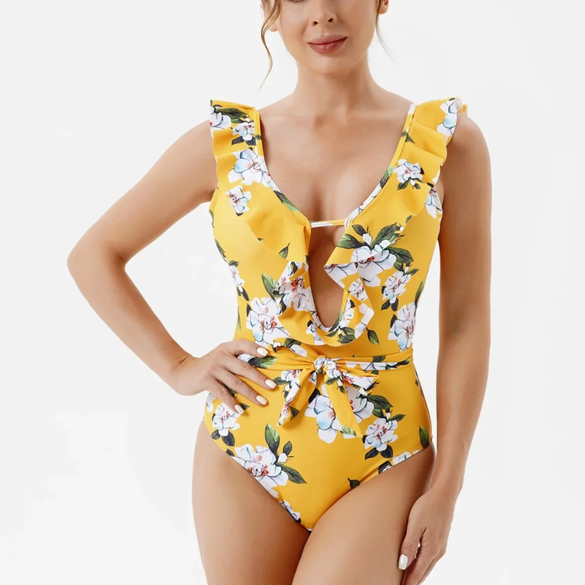 Leopard One Piece Swimsuit Woman Backless Bodysuit Plunge Neck Swimwear Ruffle Beach Wear 2026 Bathing Suits Ladies Holiday