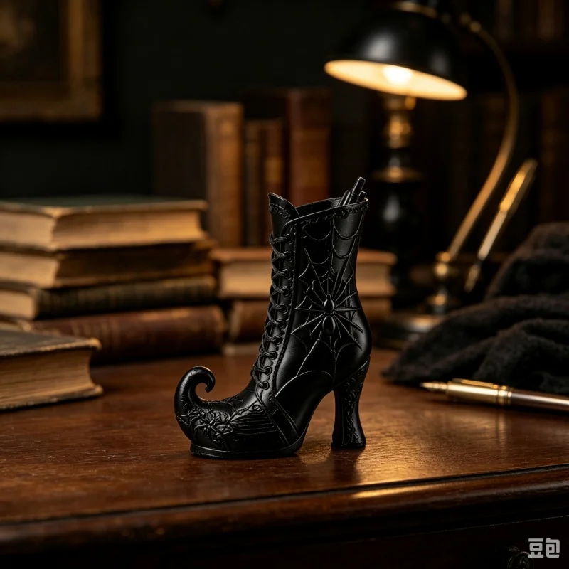 3D‑Printed Plastic Witch‑Boot Pen Holder, Spider Web Pattern High‑heeled Shoe Storage Container, Gothic‑style Desk Stationery