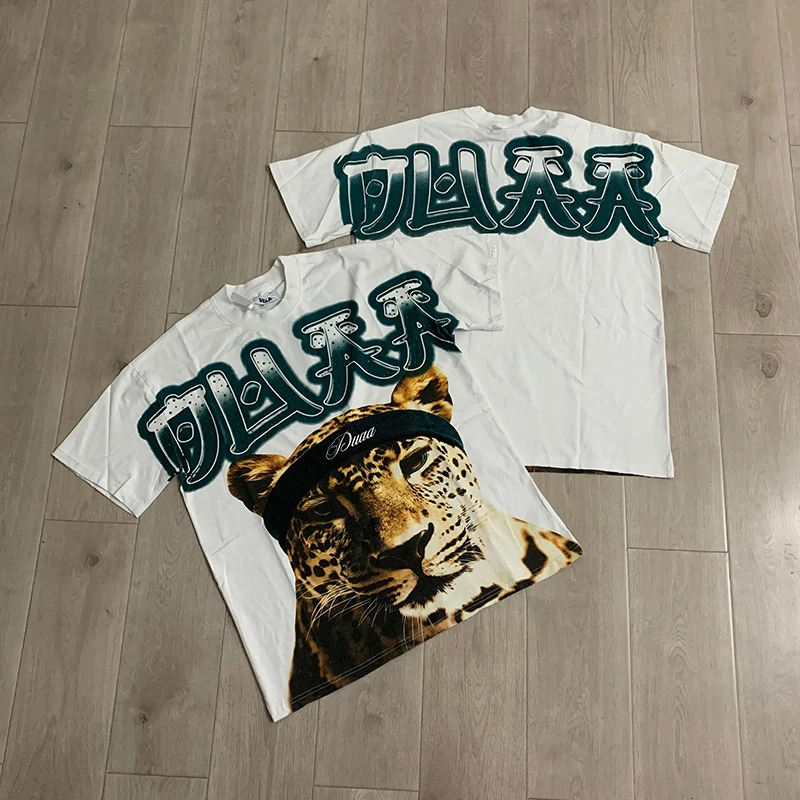 New Arrival DUAA Unisex Vintage T‑Shirt Realistic Leopard Portrait Graphic Loose‑Fit Street Short Sleeve Tee