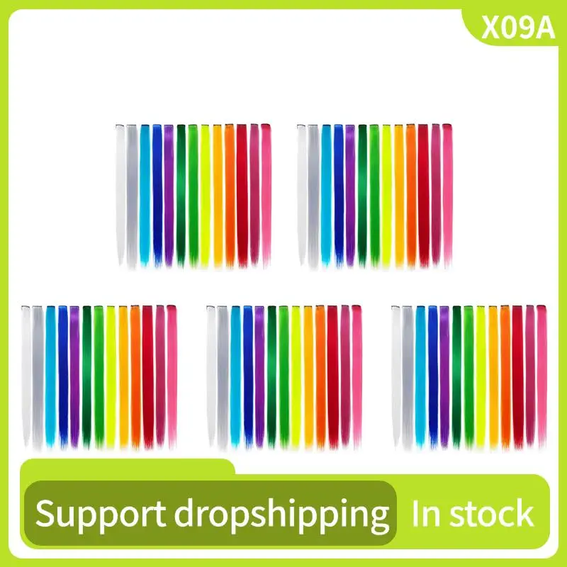 

X09A 65 Pcs Colored Party Highlights Colorful Clip In Hair Extensions 55Cm Straight Synthetic Hairpieces, Rainbow