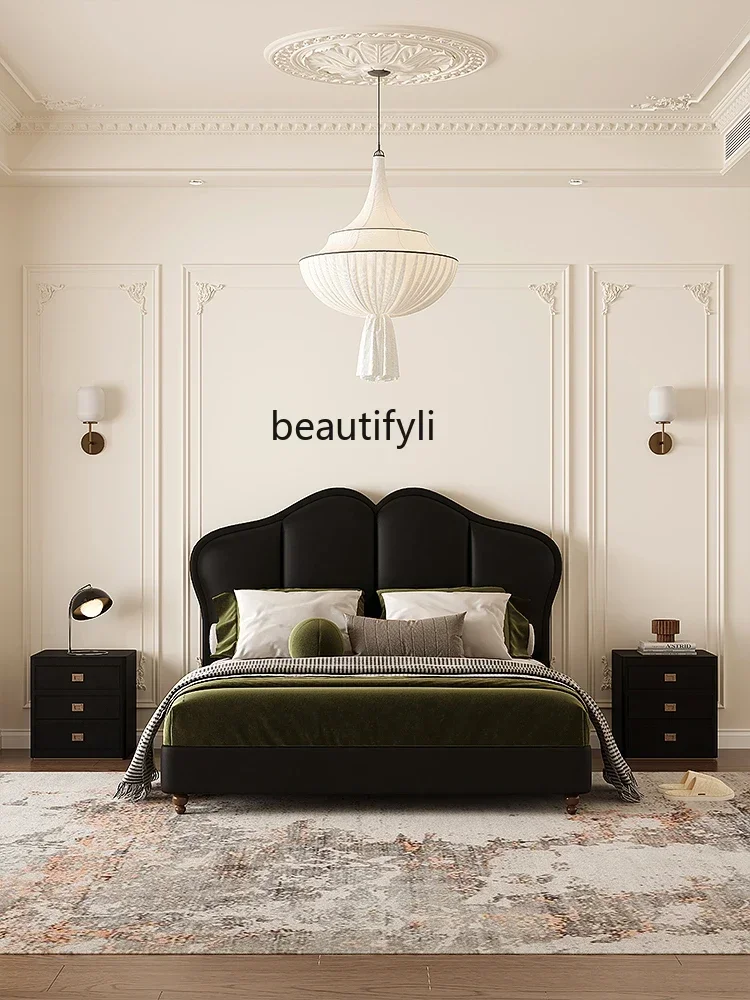 American Retro Style Genuine Leather Bed Modern Minimalist Master Bedroom Double Bed Designer Black High Backrest Leather Bed