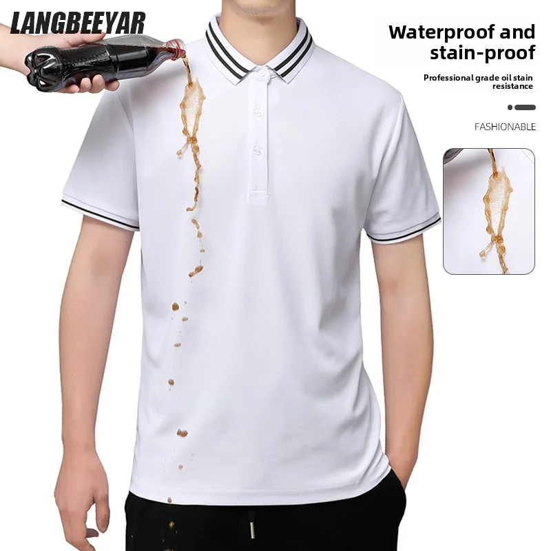 

Top Quality Waterproof Antifouling Fabric New Summer Brand Plain Neck Polo Shirt Short Sleeve Casual Tops Fashions Men Clothes