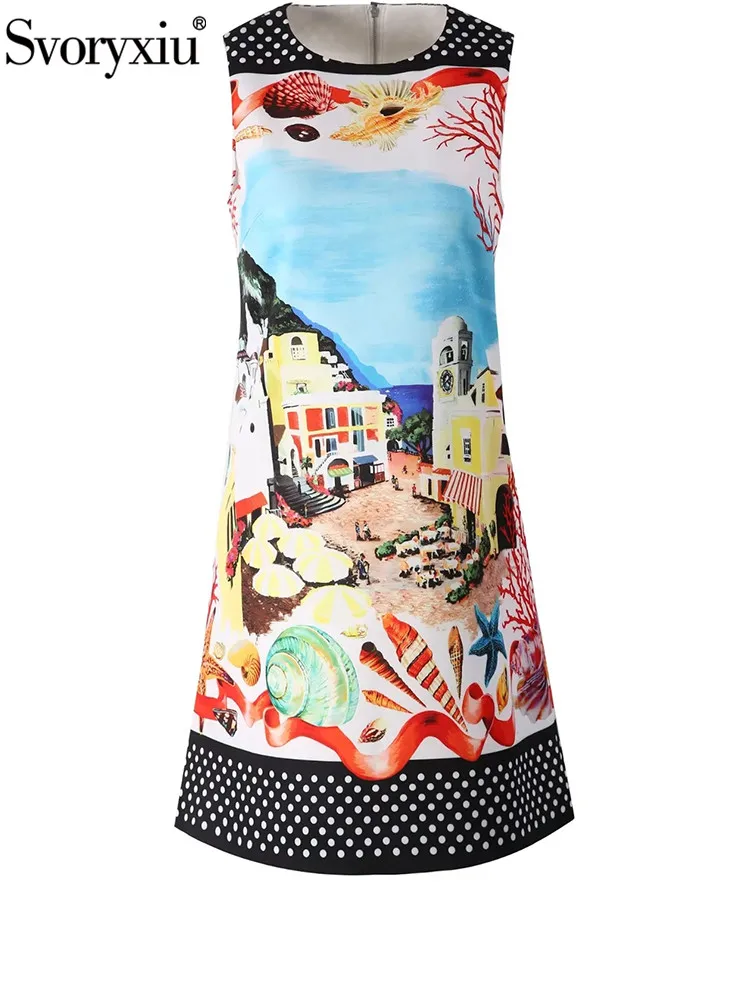 

Svoryxiu Fashion Runway Summer Scenery Polka Dot Print Mini Pencil Dress Women's O-Neck Sleeveless High Waist Short Dress