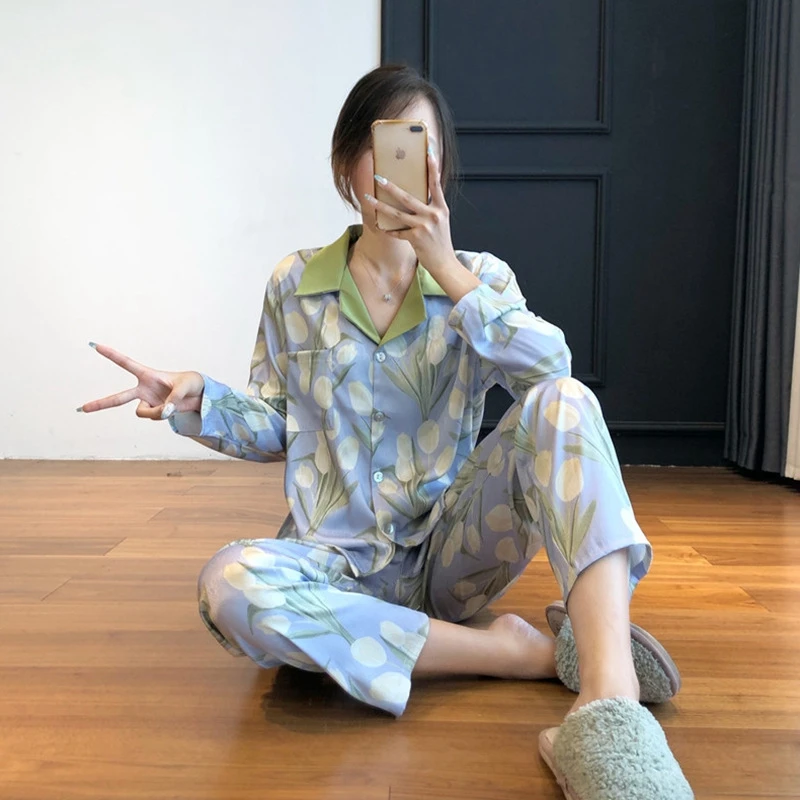 Tulip Printed Pajamas for Women Spring Autumn New Lazy Style Elegant Woman Home Wear Silk Satin Pijamas Female Sleepwear