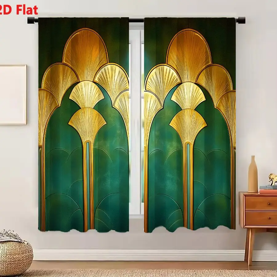 2Pcs Curtains 2D Flat Symmetrical Art Deco Gold Fan Motif On Teal And Emerald Green Background Window Drapes for Bedroom Room De