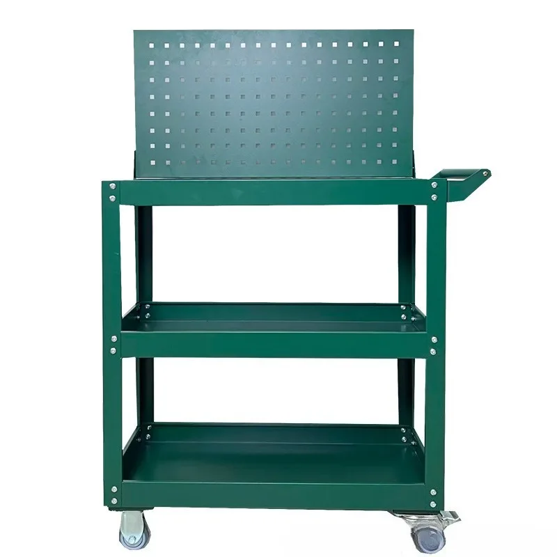 Industrial 3 Tier Steel Tool Cart With Back Mesh Panel And Hooks For Auto Repair Workshop Garage Mobile Parts Storage Trolley