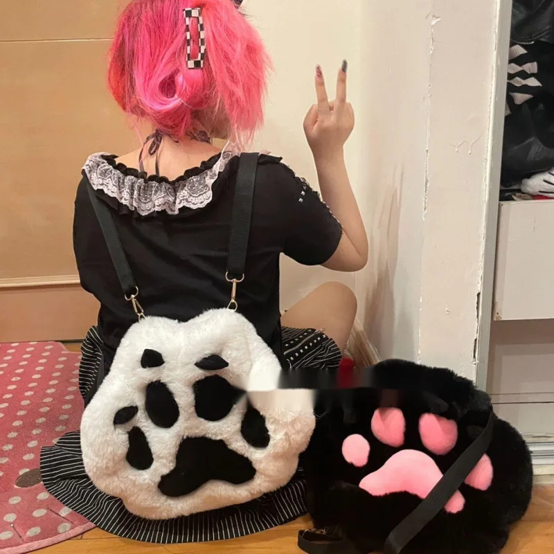 Cat Paw Shape Plush Knapsacks Fashion Versatile Large Capacity Women's Makeup Bag Cartoon Cute Black Or White Available Backpack