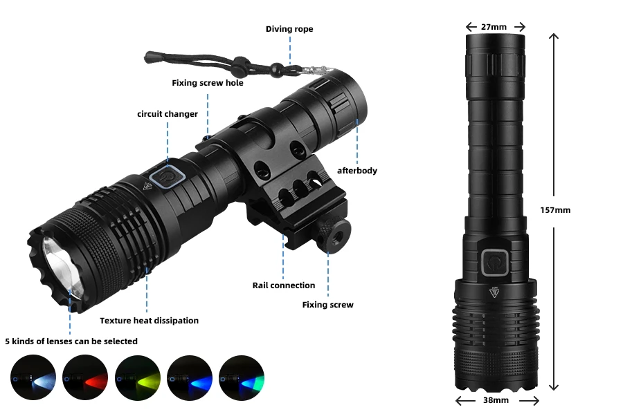 XML-L2 LED 5Modes 1600 Lumens 5-colors Lens Light USB Rechargeable Tactical Flashlight 18650 Portable Long Distance Light