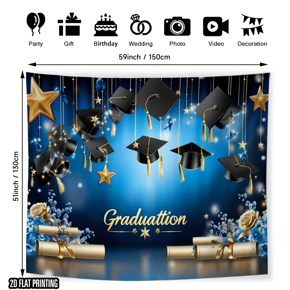 قطعة واحدة من خلفية حفل التخرج - زينة حفلات التخرج باللونين الأزرق والذهبي مع قبعات التخرج #3
