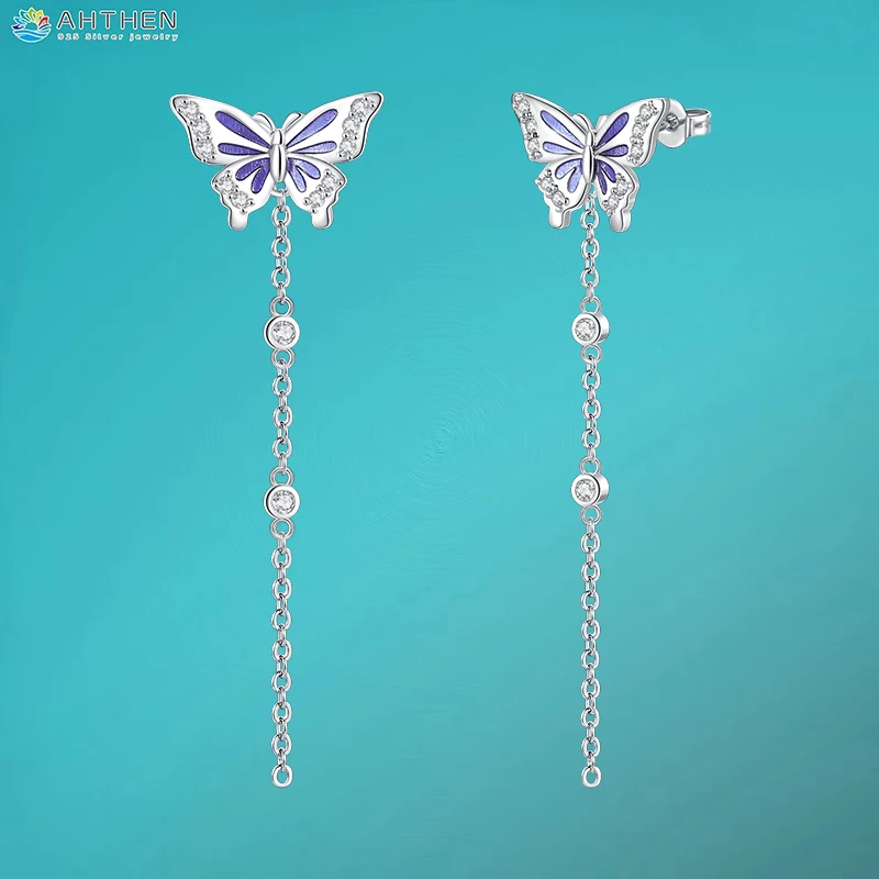 

Ahthen 925 Sterling Silver Stud Earrings Niche Purple Butterfly Tassel Stud Earrings Fashion Women Jewelry Gift