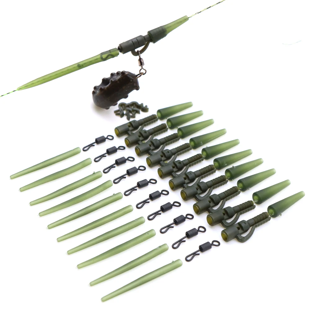 40pcs=10set Carp Fishing Accessories Lead Weight Clip Rubber Tail Anti Tangle Sleeve QC Snap Swivels For Hair Rig Fish Tackle