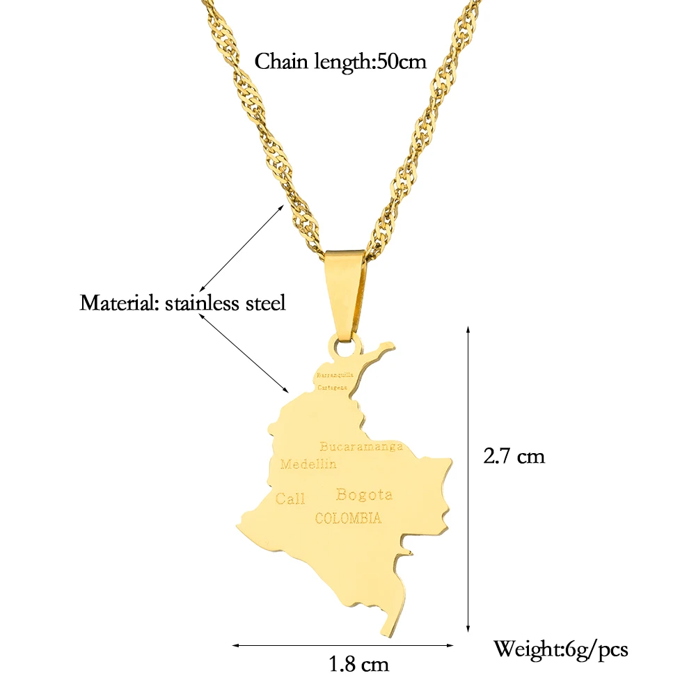 Fashion Colombia Map With City Name Pendant Necklaces Women Girls Stainless Steel Colombians Party Anniversar Jewelry Gifts